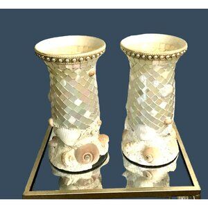 SET OF 2- ROMA DOWNEY COLLECTION HOME INTERIOR MOSAIC NAUTICAL SHELL VASE
